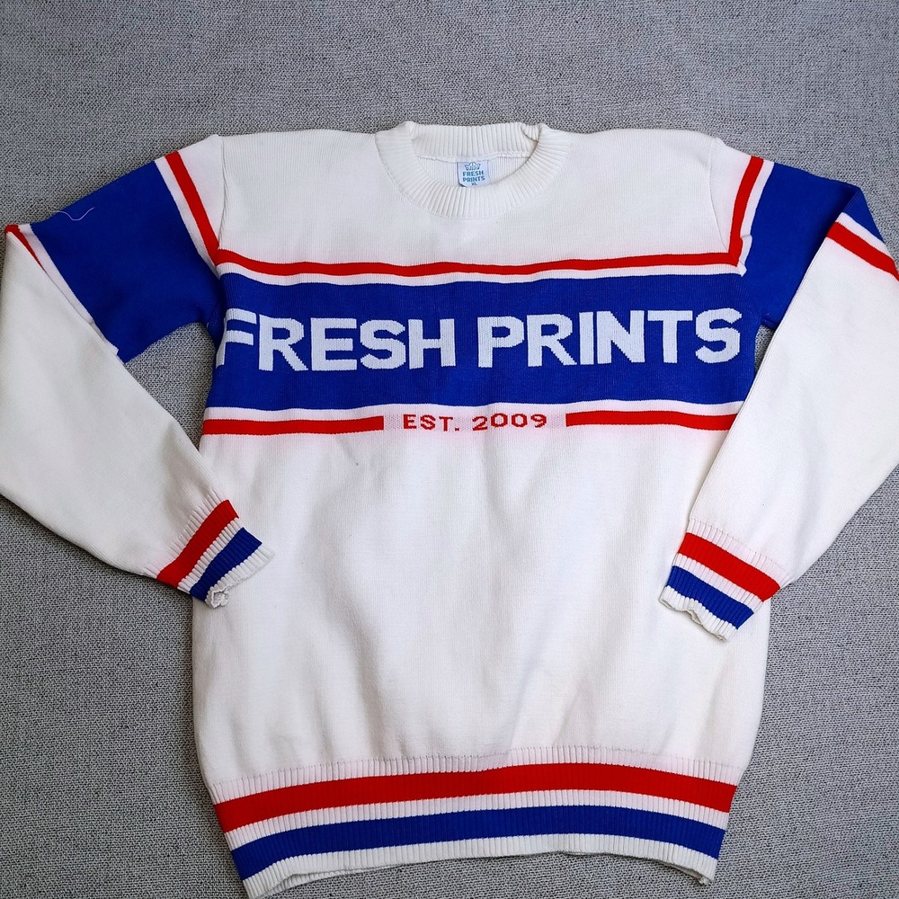 Fresh Prints Graphic Knit Sweater Mens XL White Blue Red Fair Collegiate Retro